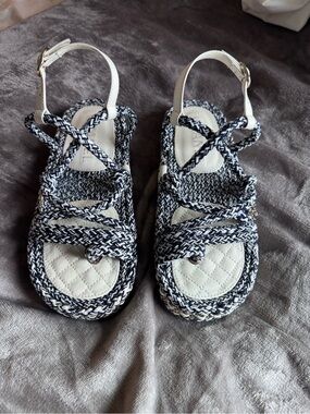 Chanel Braided Rope Sandals Navy White CC Logo Chain Flat Slides Italy EU 36